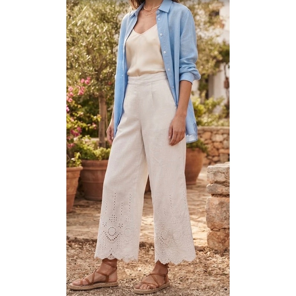 Magaschoni White 100% Linen Eyelet Hem Wide Leg Crop Pants XS
